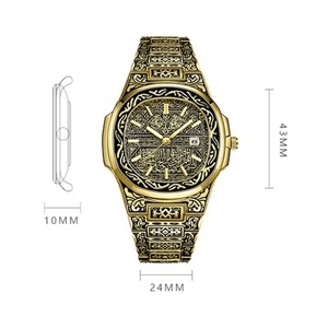 Detailed view of embossed gold men's watch showing 43mm dial and 10mm case thickness