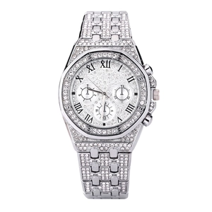 Silver stainless steel business watch with full crystal diamonds and Roman numerals