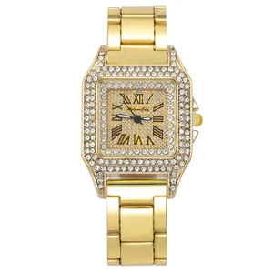 Montre Femme Quartz Boîtier Carré Orné De Strass Cadran Étoilé Chiffres Romains Bracelet En Acier Montre-Bracelet