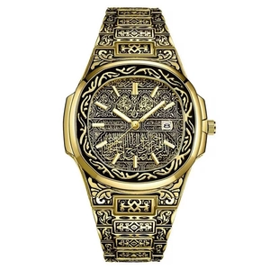 Men Quartz Watch Engraved Relief Alloy Band Date Calendar Fashion Casual Luxury Decorative Wristwatch