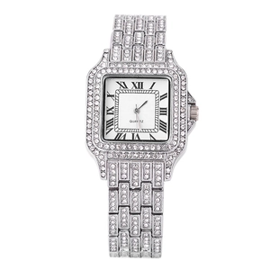 Square silver women's quartz watch with full iced-out diamonds and Roman numerals