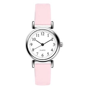 Minimalist silver watch with white dial and light pink leather strap for women