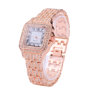 Elegant rose gold square watch for women with sparkling crystal dial and roman numerals