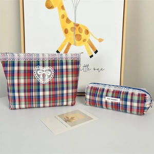 Cute plaid makeup bag set with lace trim including cosmetic pouch and pencil case