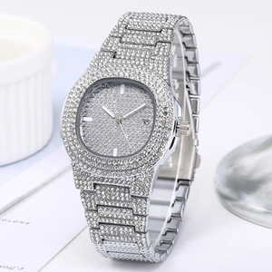 Silver iced out watch for women with full diamond crystals and octagonal bezel