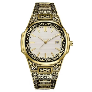 Vintage gold engraved men's quartz watch with date display and steel bracelet