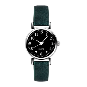 Green leather strap watch with silver round case and black dial for women's fashion