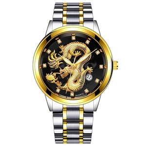 Macro detail of men's watch with golden dragon relief and diamond hour markers