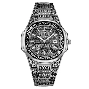 Retro relief carved stainless steel men's watch with date display on black dial