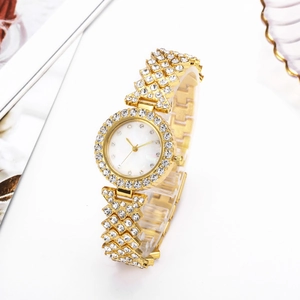 Luxury gold quartz watch for women with sparkling crystal pavé bezel and strap