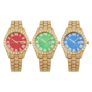 Detailed close-up of gold-plated iced-out watches with red, green, and blue dials