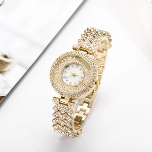 Luxurious gold-tone quartz watch for women with full crystal inlay and H-link steel band