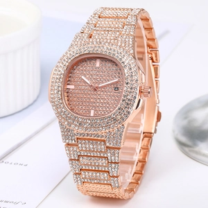 Luxurious rose gold quartz watch for women with full diamond pavé and date window