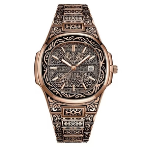 Men's rose gold steel watch with embossed floral patterns and calendar display