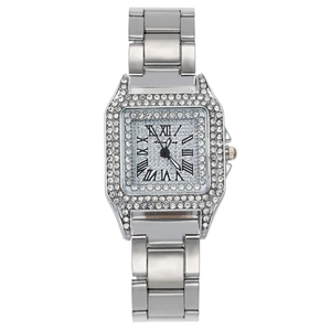 Montre carrée argentée à quartz avec lunette en strass et index en chiffres romains