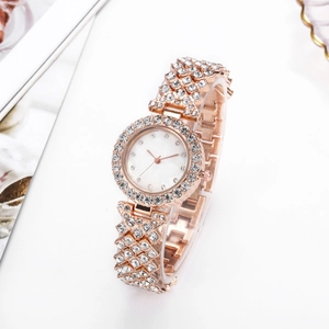 Elegant rose gold women's quartz watch with pearl dial and sparkling rhinestone bezels