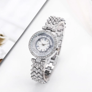 Silver fashion watch for women with rhinestones and floating crystals dial design