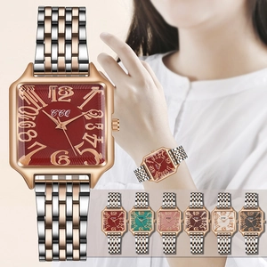 Women's square quartz watch with burgundy dial and rose gold metal mesh strap