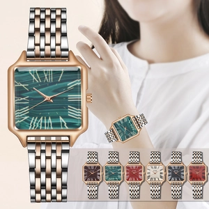 Vintage square ladies watch with green malachite dial and two-tone rose gold steel band