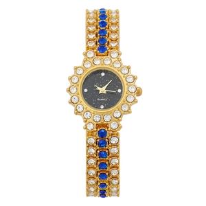 Orologio al quarzo lusso da donna con cinturino dorato e petali di diamanti blu brillanti