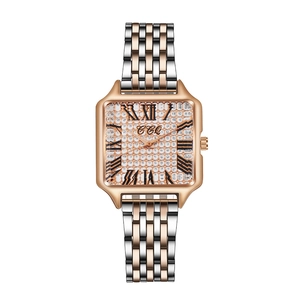 Fashion Women Quartz Watch Square Rhinestone Dial Two Tone Steel Strap Roman Numerals Casual Wristwatch