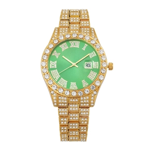 Luxury Iced Out Quartz Watch With Rhinestone Alloy Strap Roman Numeral Date Window Fashion Jewelry