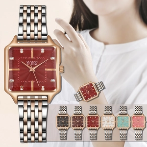 Elegant women's square quartz watch with bicolor steel strap and sparkling diamond markers