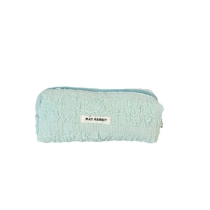 Mint green pleated large capacity stationery pouch with zipper and logo patch