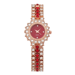 Orologio al quarzo da donna in oro rosa con quadrante stellato rosso e cristalli