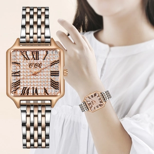 Elegant women's square quartz watch with a crystal-studded dial and metal link bracelet