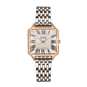 Elegant CCQ square women's watch with silver-rose gold steel band and Roman numerals