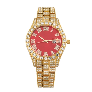 Luxurious gold-tone crystal watch with red dial, Roman numerals and date display