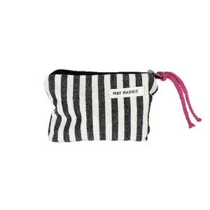 Striped canvas coin purse with zipper closure and red pull cord shown on white backdrop