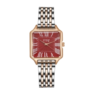 Women's square quartz watch with red roman dial and rose gold metal steel band
