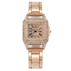 Montre carrée en or rose pour femme avec lunette en strass et chiffres romains classiques