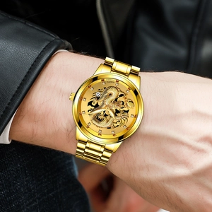 Classic gold watch for men featuring an intricate 3D dragon relief and quartz movement