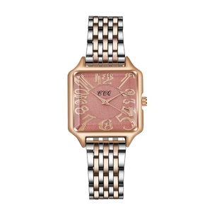 Square rose gold quartz watch with pink frosted dial and two-tone metal link strap