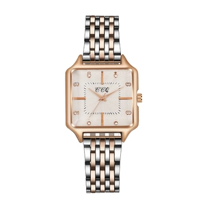 Square rose gold and silver quartz watch with diamond markers and metal band