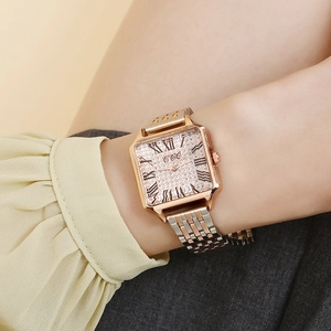 Elegant rose gold square watch for women with full diamond dial and Roman numerals