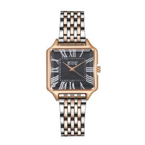 Elegant women's square quartz watch with black roman dial and rose gold steel strap