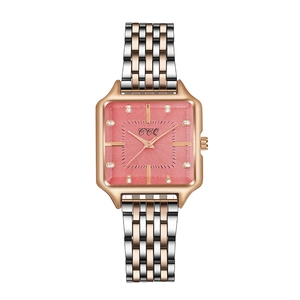 Elegant women's square quartz watch with rose gold case and pink diamond dial on steel band