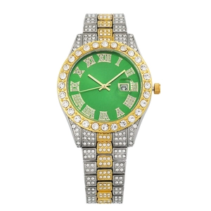 Luxury green dial watch with crystal-encrusted two-tone steel band and Roman numerals