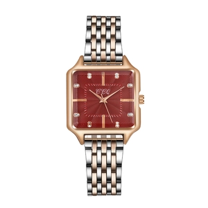 Square rose gold and silver quartz watch for women with deep red sunburst rhinestone dial