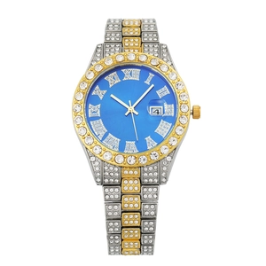 Macro shot of luxury quartz watch with blue dial, roman numerals and rhinestone details