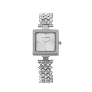 Silver square ladies watch with crystal encrusted steel band on a clean white background