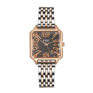 Elegant square women's quartz watch with two-tone steel band and grey sunray dial