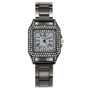 Montre quartz carrée élégante pour femme en métal gris avec cristaux et chiffres romains