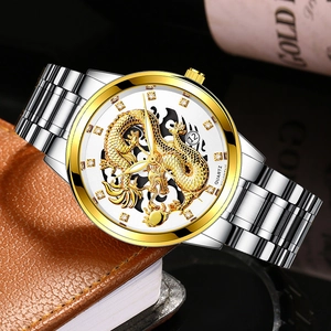 Men's business watch with embossed gold dragon dial and two-tone stainless steel band