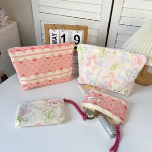Cotton Canvas Cosmetic Bag Sweet Bow Lace Print Makeup Pouch Portable Zippered Travel Toiletry Storage For Women Girls