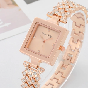 Elegant rose gold square watch for women with sparkling rhinestones and a unique link band